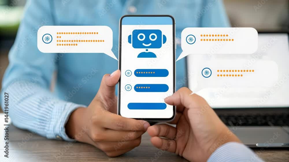 Poster a person holding a smartphone displays a chatbot interface, highlighting user interaction with techn