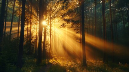 Fototapeta premium Golden sunlight beams through misty forest trees landscape path rays view green photo image woods