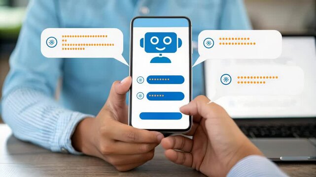 A person holding a smartphone displays a chatbot interface, highlighting user interaction with technology in a modern workspace.