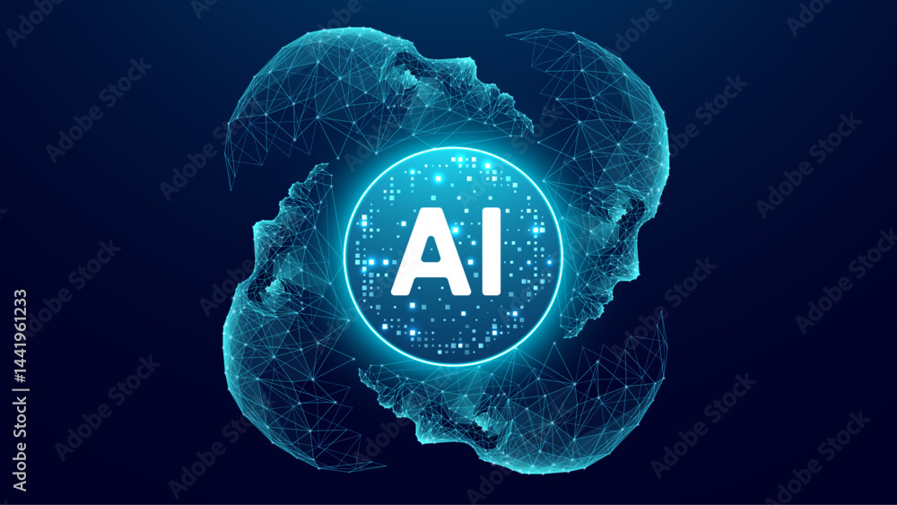 Poster futuristic ai processor in the center, with abstract human faces and digital elements. concept of ai