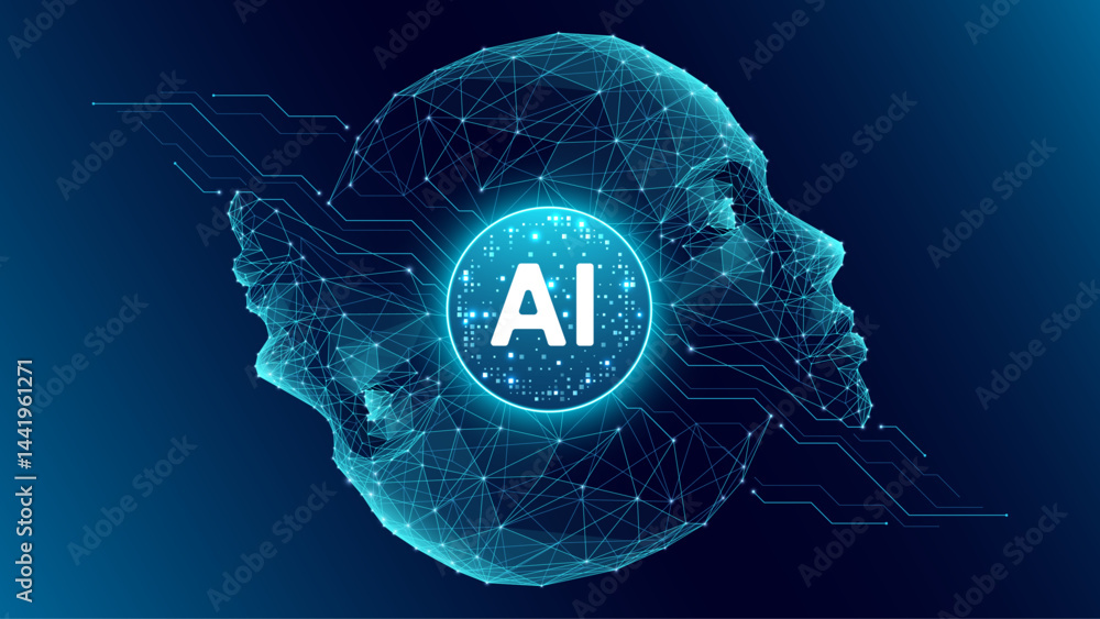 Poster Artificial intelligence circle processor and two human abstract faces. AI innovation concept. Light blue machine learning chip in the center on dark blue technology background.Humanoid robot head tech