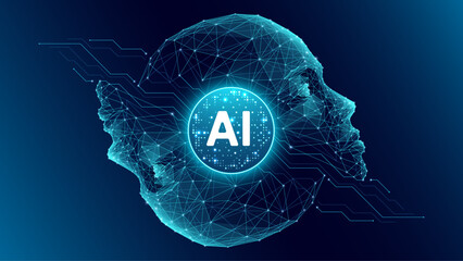 Artificial intelligence circle processor and two human abstract faces. AI innovation concept. Light blue machine learning chip in the center on dark blue technology background.Humanoid robot head tech