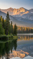 Serene sunrise over Mammoth Lake's calm waters. surrounded by majestic Sierra Nevada mountains and lush green forests. reflecting nature's breathtaking beauty and tranquility.