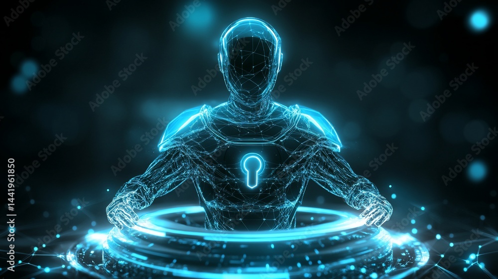 Poster futuristic glowing humanoid figure with keyhole on chest, surrounded by a circular energy field.