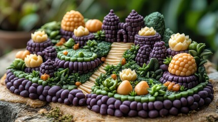 Candy Village with Purple Domes and Carved Sugar Lotus Flowers in Lush Green.