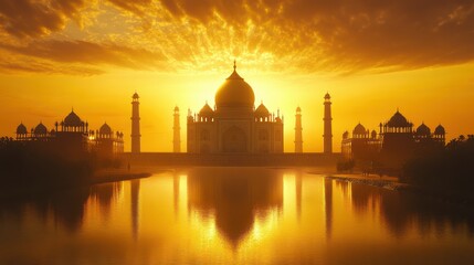 Golden Sunset Over Taj Mahal Silhouetted Against Fiery Sky with Water Reflection.