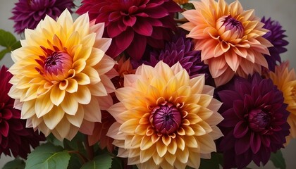 A beautiful display of colorful dahlias showcases layers of petals, a true floral masterpiece.