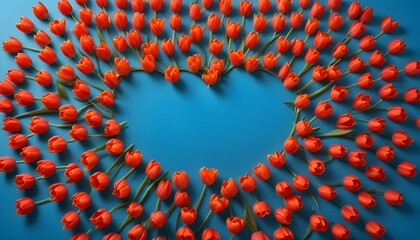 A heart formed by vibrant red tulips on a brilliant blue background, symbolizing love.