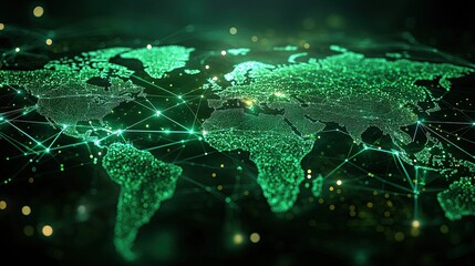 A glowing green world map features interconnected nodes spread across continents. --ar 16:9 --style raw --stylize 250 --v 6.1 Job ID: 4fd40fa2-b238-4a16-bd33-3d06c0c21170
