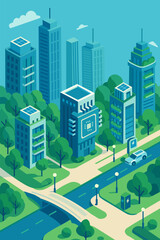A modern city illustration showcasing a sustainable urban landscape with eco-friendly building, green space and future-ready features.