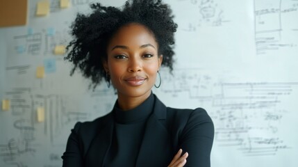 A business leader passionately explains a product development strategy to her team, utilizing a large flowchart as a central visual aid in a collaborative office environment