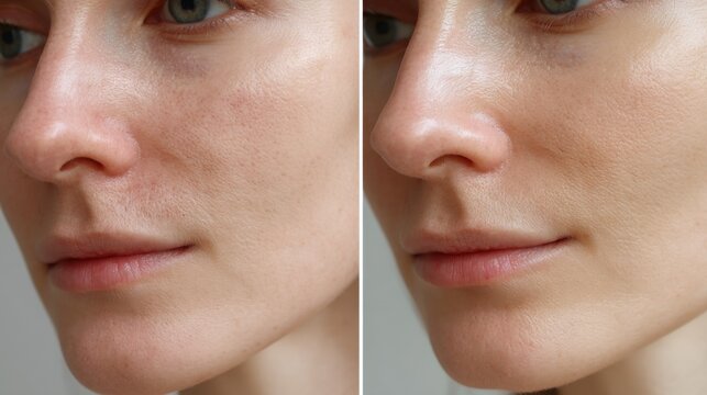 Comparison of skin before and after brightening serum treatment, left side dull and dry, right side radiant, smooth and glowing