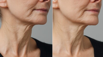 Comparison of skin before and after brightening serum treatment, left side dull and dry, right side radiant, smooth and glowing