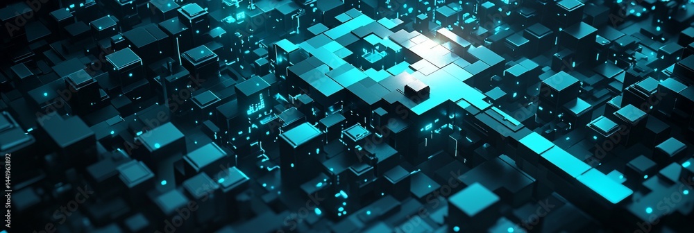 Aufkleber Abstract 3D rendering of glowing teal cubes forming a complex network.