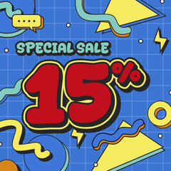 Colorful Comic Style Special Sale Poster with Bold 15% Discount on Blue Background