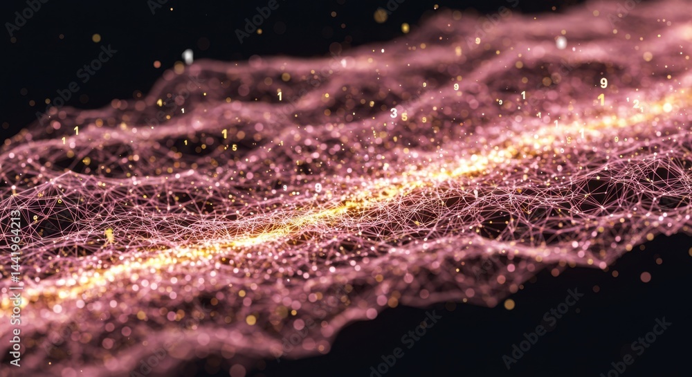 Poster abstract digital waveform: glowing pink and gold network of data points and connections