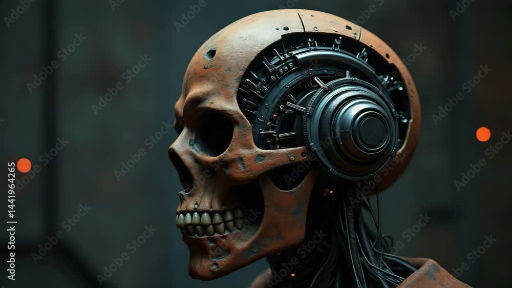 Poster a futuristic robotic skull with intricate mechanical details and headphones, blending technology and