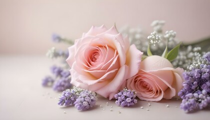 Close-up shot of beautiful pink roses with purple muscari and white baby's breath arrangement.