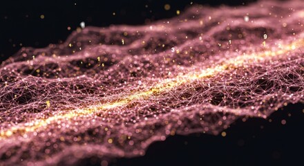 Abstract Digital Waveform: Glowing Pink and Gold Network of Data Points and Connections