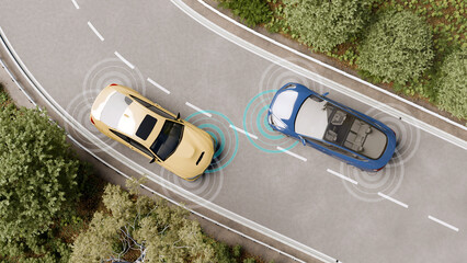 3D illustration top view of 2 autonomous cars on a highway