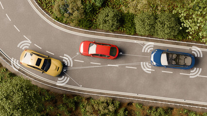 3D illustration top view of autonomous vehicle's on a highway