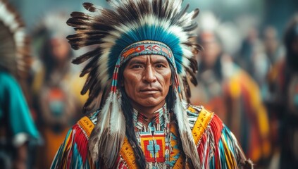Fototapeta premium A man wearing a colorful Indian headdress stands in front of a crowd