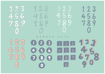 色々な手描き数字セット　カラフル