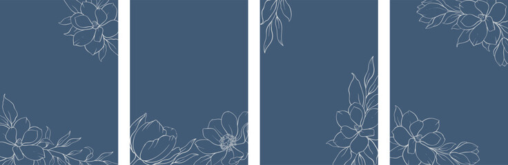 Set of hand drawn vector botanical frame, tropical flowers, floral border, wildflower, eucalyptus branches. Ornament of botanical silhouette element vector. Nature card in minimal line style © Olga.And.Design