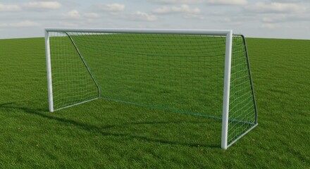 Fototapeta premium Soccer Goal on a Lush Green Field under a Partly Cloudy Sky: A 3D Render of a Classic Sports Scene