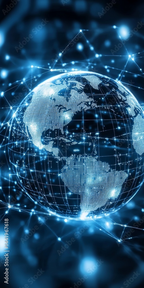Poster digital world connection earth globe with futuristic network, data transfer and technology concept
