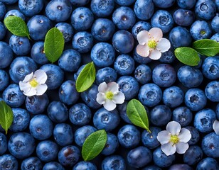 Top view of blueberries with green leaves and flowers background. Generated image
