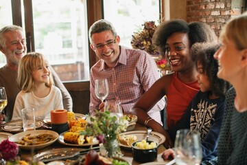 A diverse group of people enjoying a meal together. Smiling faces, food, and conversation create a warm, friendly atmosphere around the dining table. Diverse friends and family at festive dinner.
