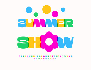Vector Watercolor emblem Summer Show. Holiday Colorful Uppercase Font. Modern Joyful Alphabet Letters and Numbers set.