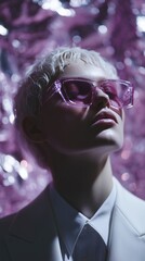 Closeup of a woman with short white hair wearing large pink glasses and a white suit, purple backdrop.
