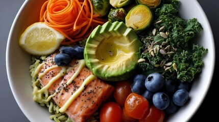 A vibrant green goddess bowl featuring poached salmon and assorted fresh vegetables