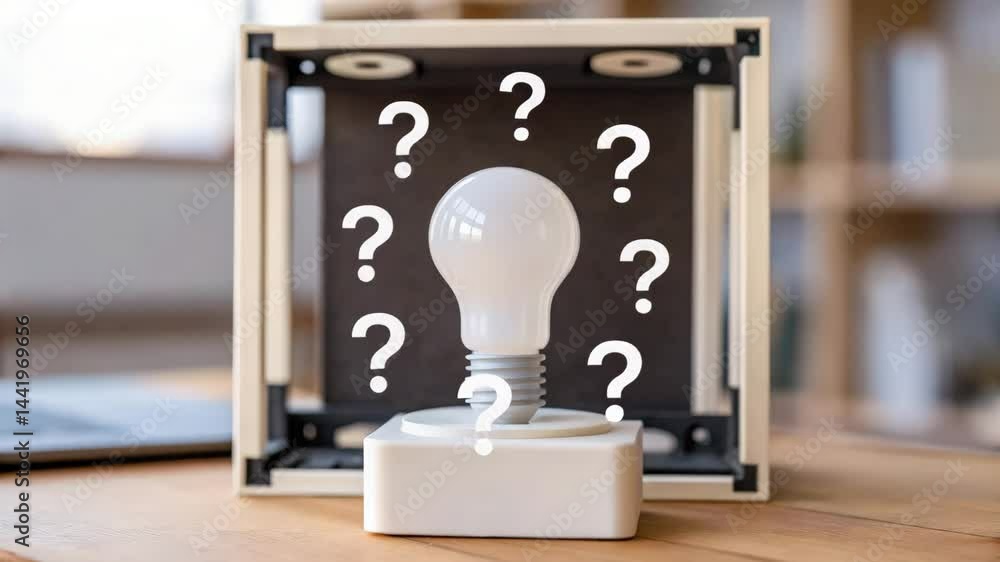 Poster a light bulb sits on a surface inside a box, surrounded by question marks, symbolizing ideas, creati