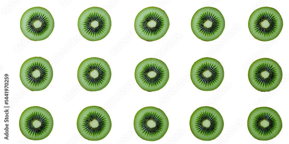 Poster multiple kiwi fruit slices arranged in a neat, symmetrical grid pattern.