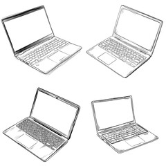 Detailed hand-drawn laptop illustrations in black and white style, ideal for tech-related content, digital workspaces, and minimalist design themes.

