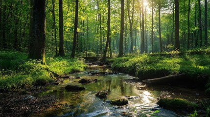 Fototapeta premium Serene green forest stream sunlight peaceful nature scene tranquil lush greenery summer daytime calm