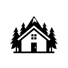 Fototapeta premium Minimalist Cabin Logo in Forest with Mountain, Black and White