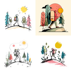 Hand-drawn hiking illustrations with colorful backgrounds, showing people exploring nature with backpacks. Ideal for adventure blogs, outdoor gear promos, or travel content.

