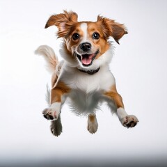 A jumping dog floats in the middle of a white background.