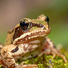 Green-orange frog photo, close-up, taken with a high-quality macro lens by a professional photographer.