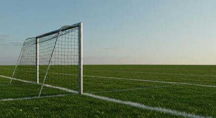 Solitary Soccer Goal on a Lush Green Field Under a Clear Sky: A Peaceful Sporting Scene