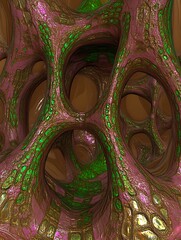 Abstract 3D render of a complex, organic structure. Interconnected, cavernous forms in shades of pink, brown, and green with a glossy, metallic sheen.  The image features intricate details and a