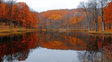 Obraz premium Autumnal forest reflects on tranquil pond. Vibrant fall foliage mirrors in still water, creating a serene autumnal scene