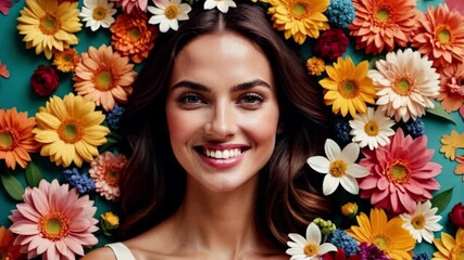 Charming springtime delight featuring a beautiful woman surrounded by an array of vibrant blooms in a colorful display of nature's glory. Generative AI - Powered by Adobe