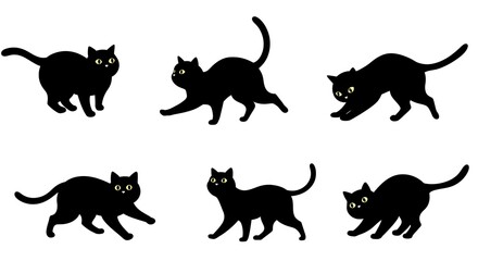 Six Black Cat Silhouettes in Various Poses