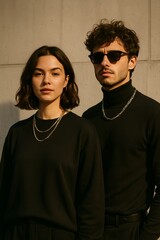 Obraz premium A stylish close-up of a young woman and man standing side by side in front of a minimalistic concrete wall.