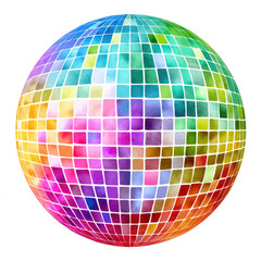 Vibrant rainbow colors disco ball in watercolor style on white background for party decor and art design